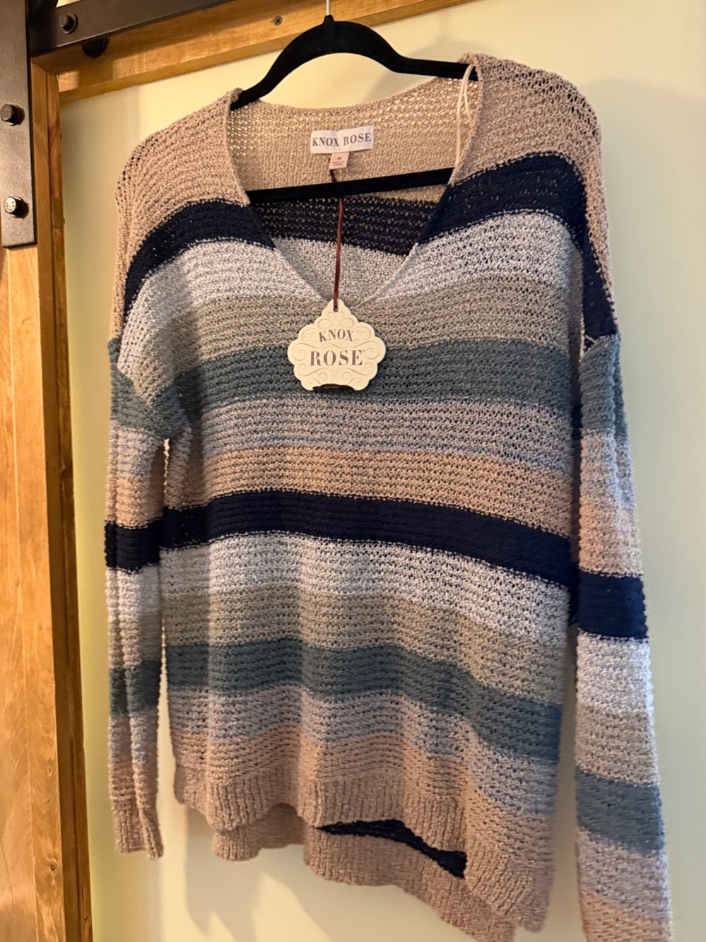 Knox Rose Striped V-Neck Sweater in Beige, Navy & Teal
